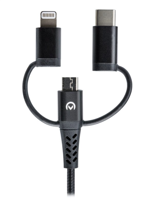 Mobilize Strong Nylon Cable 3In1 Usb To Micro Usb, Usb-C, Apple Mfi Lightning 1.5M Black - Afbeelding 3