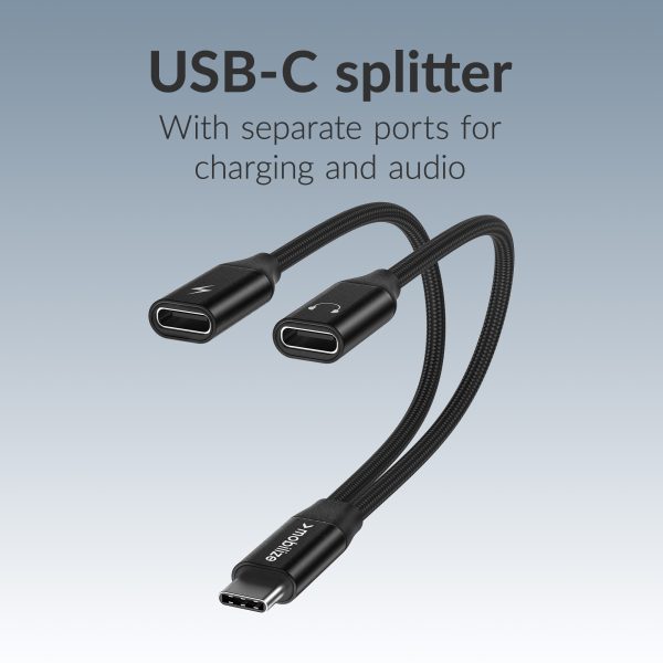 Mobilize Strong Nylon Usb-C Splitter For Audio And Charging 15Cm Black - Afbeelding 2