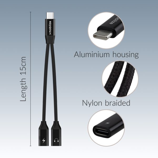Mobilize Strong Nylon Usb-C Splitter For Audio And Charging 15Cm Black - Afbeelding 5