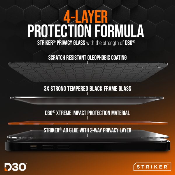 Striker D3O Xtreme Impact Privacy Glass Screen Protector - Black Frame - Apple Iphone 13/13 Pro/14/16E - Afbeelding 4