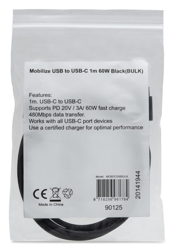 Mobilize Bulk Mobilize Cable Usb-C To Usb-C 1M. 60W Black (Bulk) - Afbeelding 2