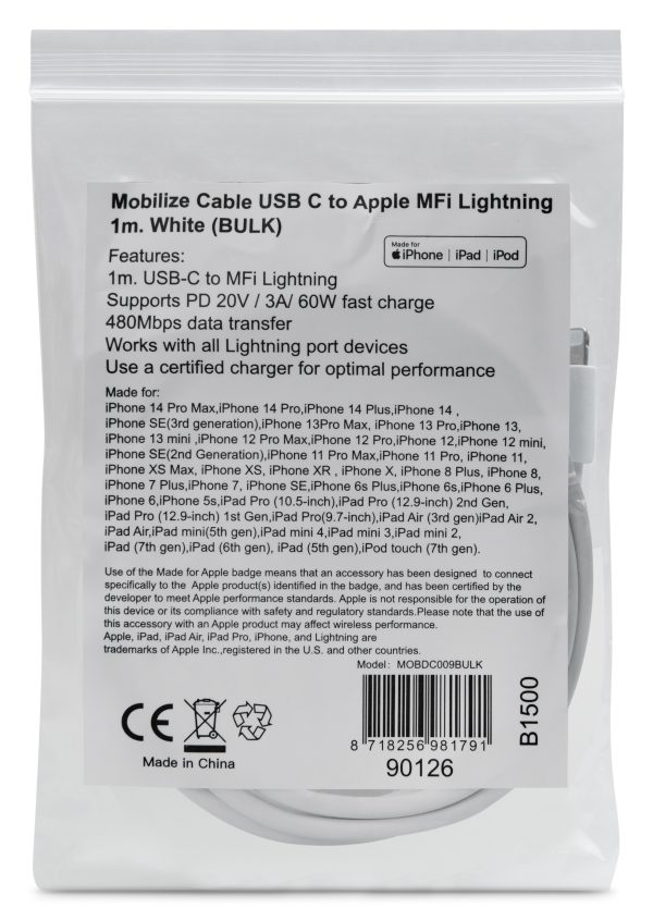 Mobilize Bulk Mobilize Cable Usb-C To Apple Mfi Lightning 1M. 60W White (Bulk) - Afbeelding 2
